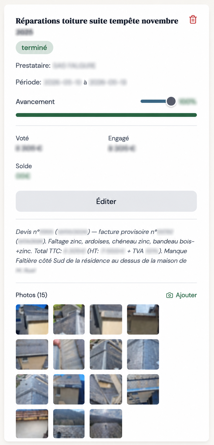 Fiche de suivi d'un chantier avec avancement, budget et photos